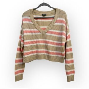 Wild Fable Tan and Pink Striped V-Neck Sweater - Size Large